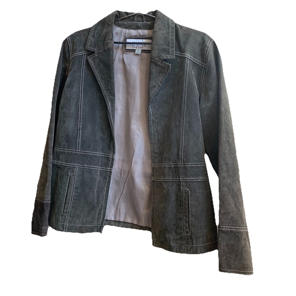 Wilson Leather Maxima Women charcoal gray Genuine Suede Patch Jacket Size Large
